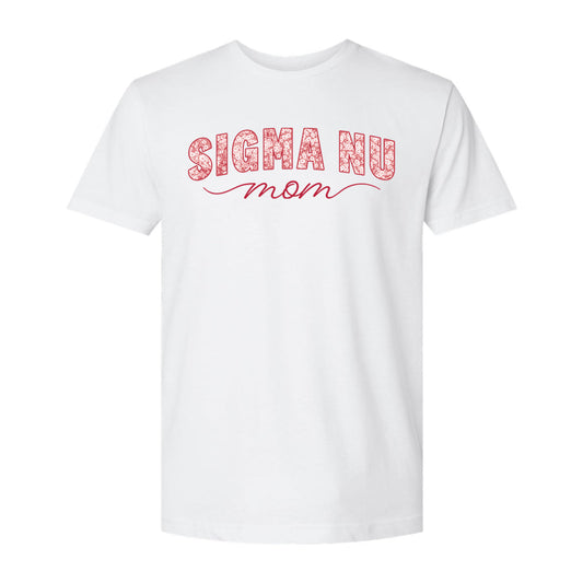 Front view of white t-shirt featuring daisy flower mom graphic.