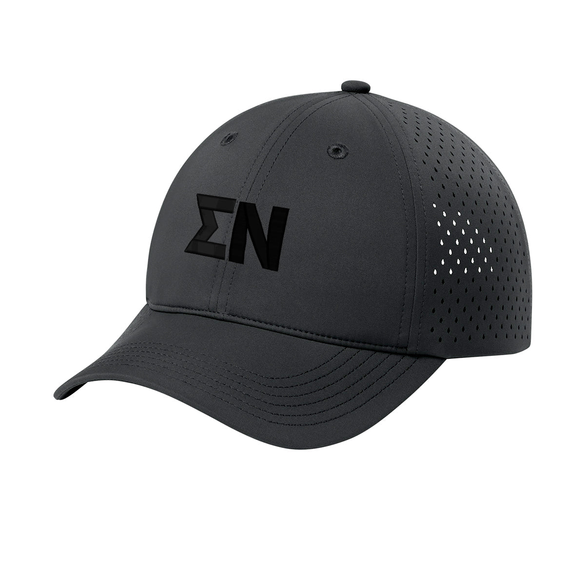 Performance golf hat with black 3D puff embroidered Greek letters on a structured black cap with perforated side panels for breathability
