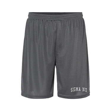 embroidered graphite 7 inch mesh shorts front view