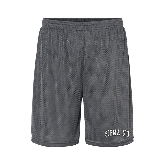 embroidered graphite 7 inch mesh shorts front view
