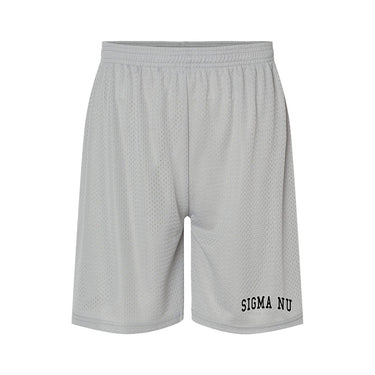 embroidered silver 7 inch mesh shorts front view
