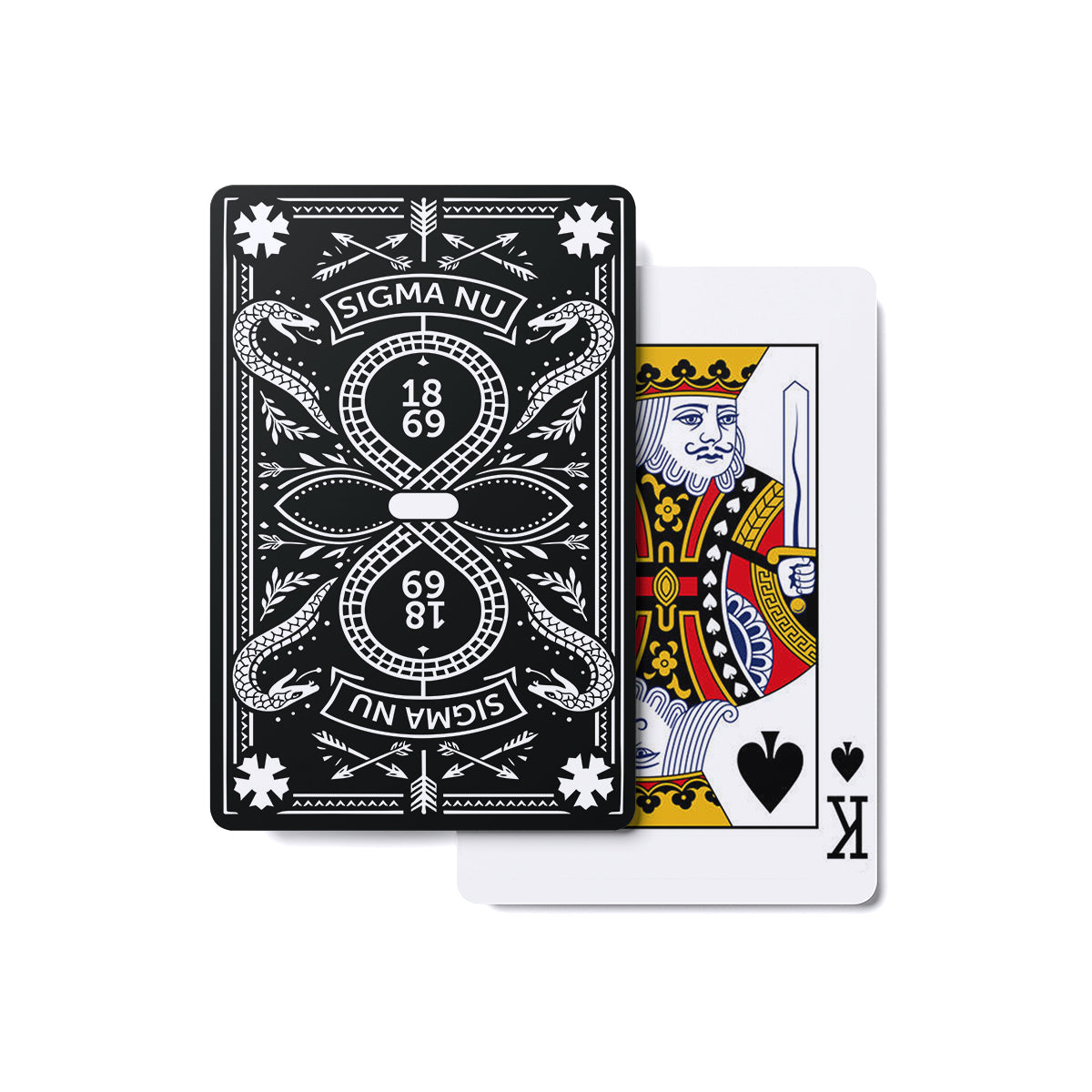 Premium Heritage Playing Cards featuring vintage artwork, symbols, and the fraternity's founding year on a custom playing card deck.