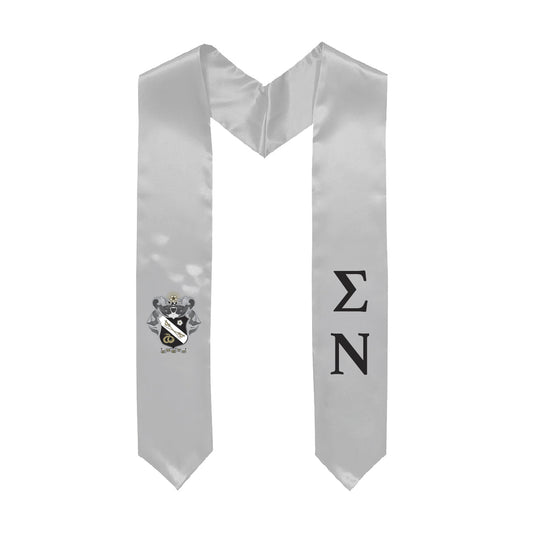 White graduation stole decorated with Greek letters and Coat of Arms