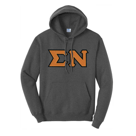 Sigma Nu Dark Heather Hoodie with Sewn On Letters