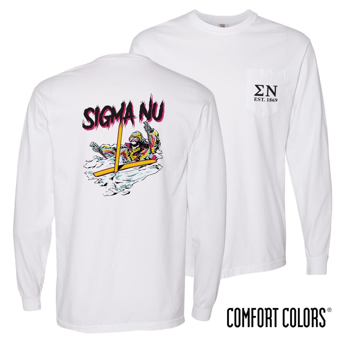 Sigma Nu Comfort Colors White Long Sleeve Ski-leton Tee | Sigma Nu | Shirts > Long sleeve t-shirts