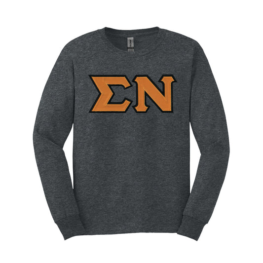 Sigma Nu Charcoal Heather Long Sleeve Tee with Sewn On Letters