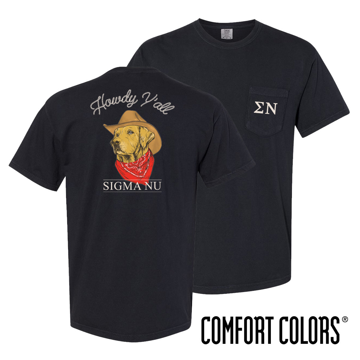 New! Sigma Nu Comfort Colors Cowboy Retriever Black Short Sleeve Pocket Tee