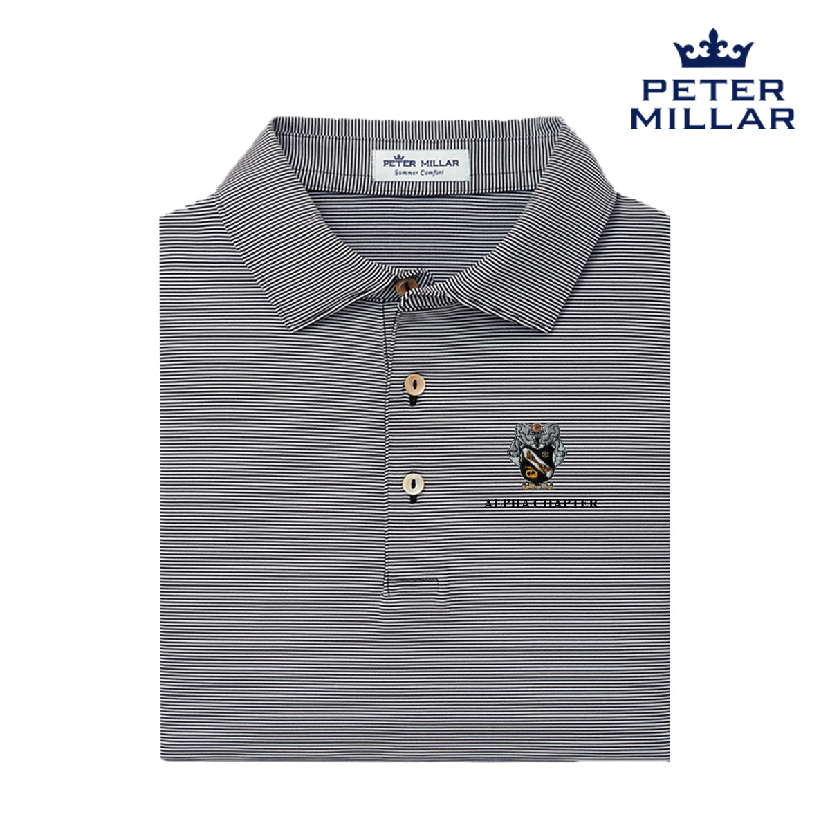 Sigma Nu Personalized Peter Millar Jubilee Stripe Stretch Jersey Polo with Crest
