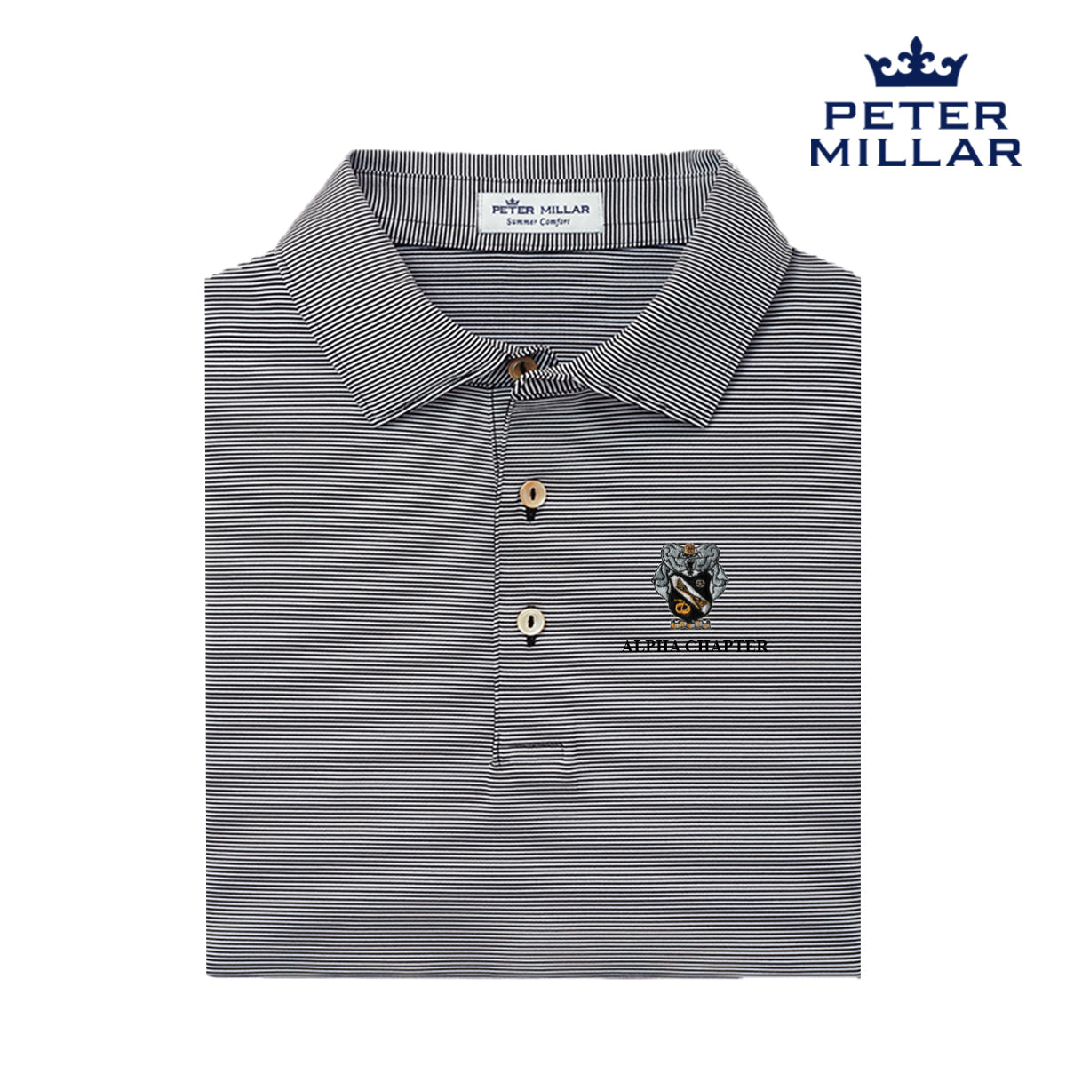 Sigma Nu Personalized Peter Millar Jubilee Stripe Stretch Polo with Crest