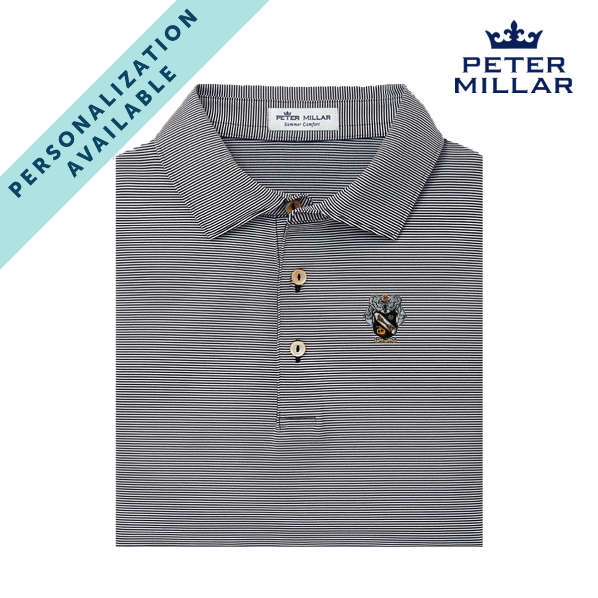 Sigma Nu Personalized Peter Millar Jubilee Stripe Stretch Polo with Crest