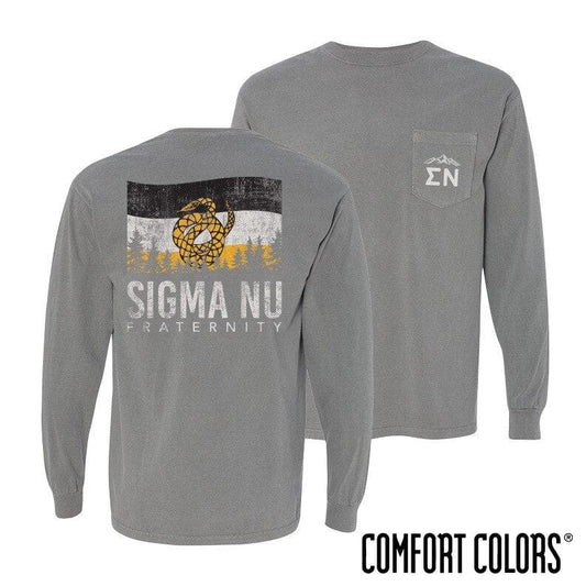 Sigma Nu Gray Comfort Colors Flag Long Sleeve Pocket Tee | Sigma Nu | Shirts > Long sleeve t-shirts