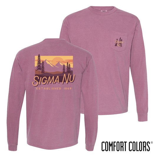 Sigma Nu Comfort Colors Berry Mountain Sunset Long Sleeve Pocket Tee