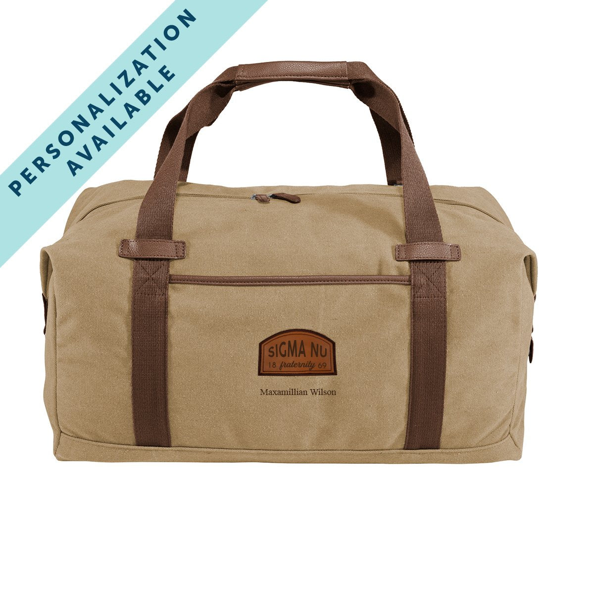 Sigma Nu Khaki Canvas Duffel With Leather Patch | Sigma Nu | Bags > Duffle bags