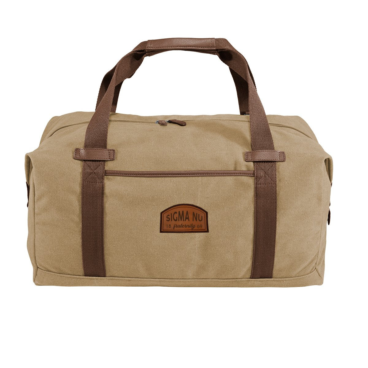 Sigma Nu Khaki Canvas Duffel With Leather Patch | Sigma Nu | Bags > Duffle bags